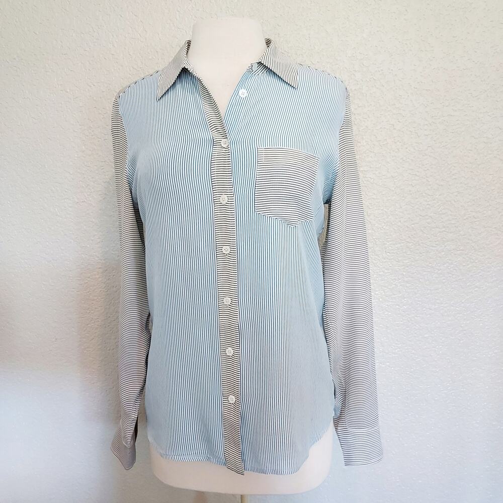 Equipment 100% Silk Blue & Gray Pin Stripe Button Down Size S